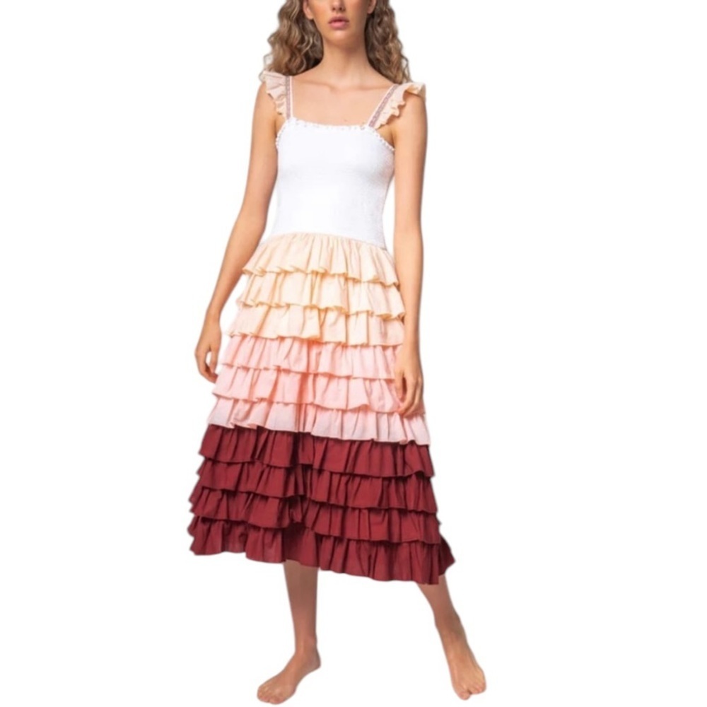 New Pitusa Ruffle Smocked Midi Dress Xs-S Boho Summer Essential Pima Cotton Peru